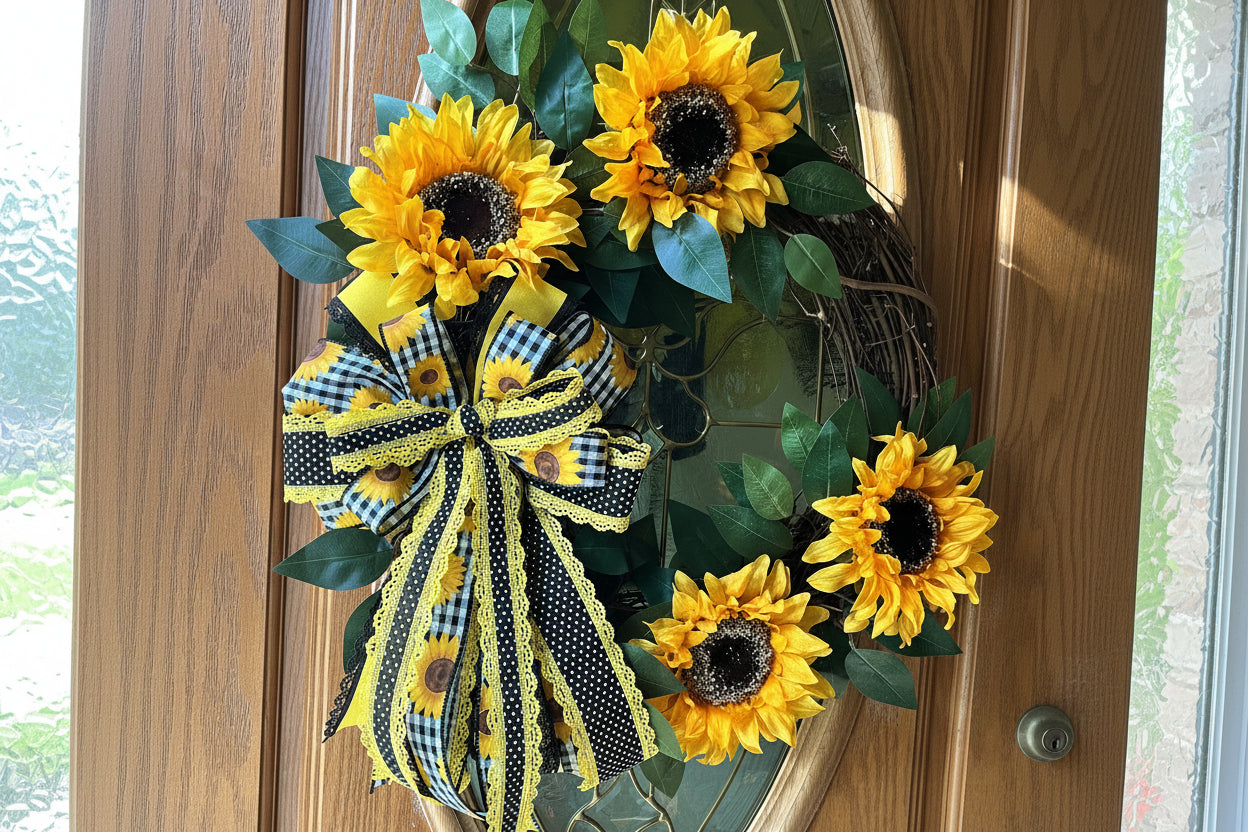 Handmade sunflower wreath with bright yellow sunflowers, greenery, and a black and yellow buffalo check bow for farmhouse summer front door decor.