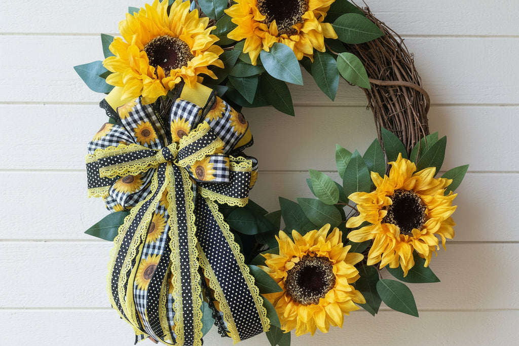Handmade sunflower wreath with bright yellow sunflowers, greenery, and a black and yellow buffalo check bow for farmhouse summer front door decor.