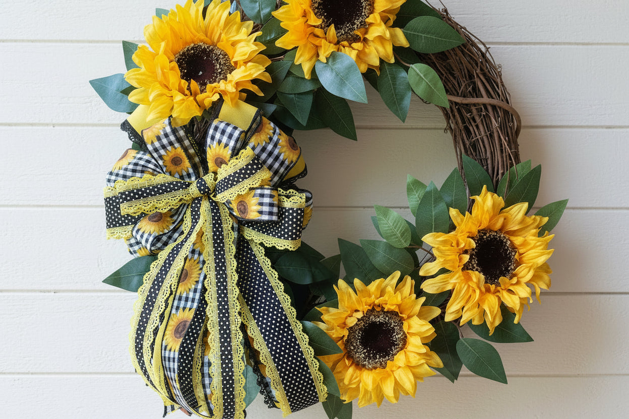 Handmade sunflower wreath with bright yellow sunflowers, greenery, and a black and yellow buffalo check bow for farmhouse summer front door decor.