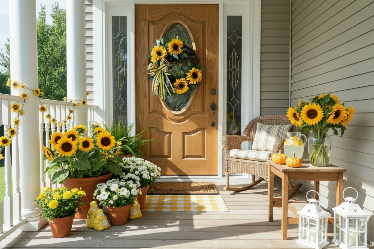 Handmade sunflower wreath with bright yellow sunflowers, greenery, and a black and yellow buffalo check bow for farmhouse summer front door decor.