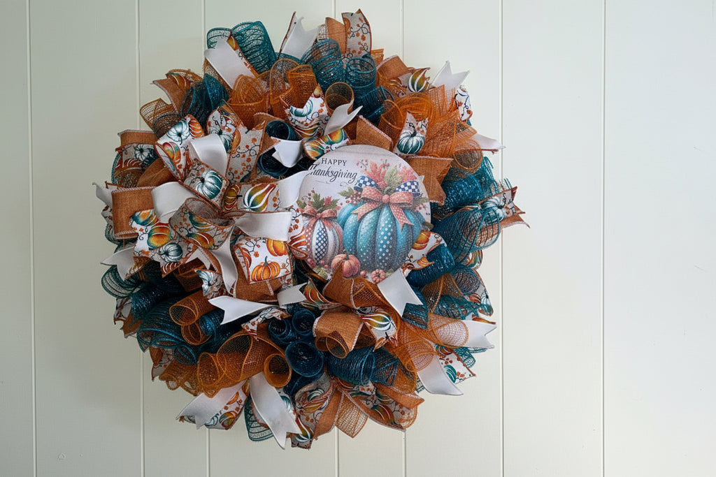 Rustic Teal Pumpkin Wreath for Fall – Orange & Blue Thanksgiving Door Decor