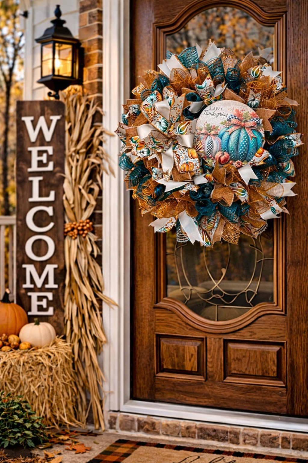 Rustic Teal Pumpkin Wreath for Fall – Orange & Blue Thanksgiving Door Decor