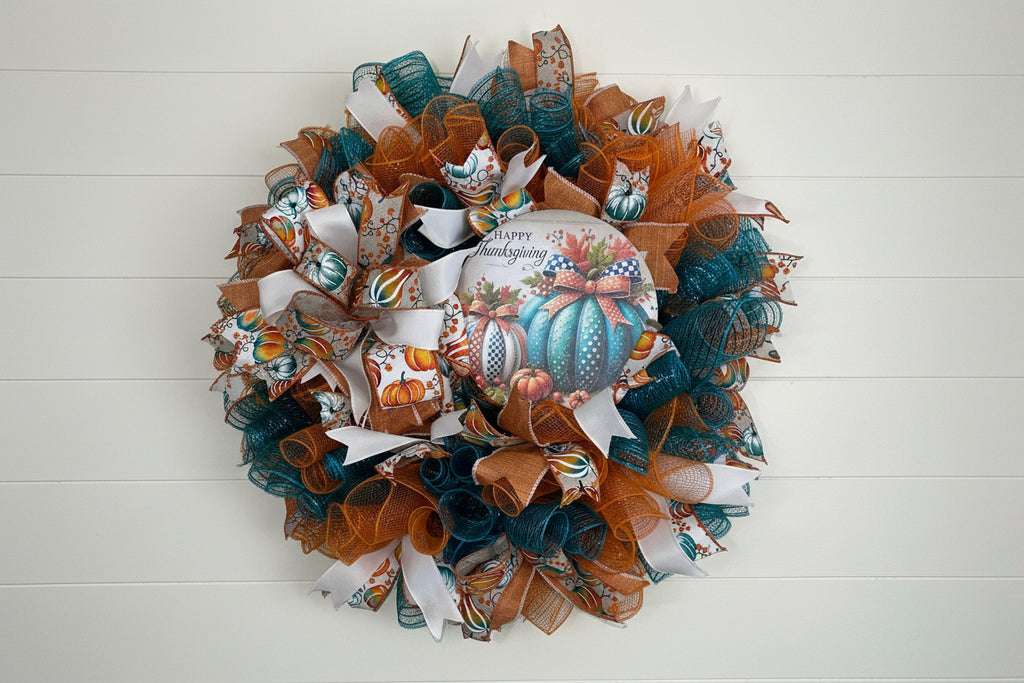 Rustic Teal Pumpkin Wreath for Fall – Orange & Blue Thanksgiving Door Decor