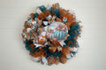 Rustic Teal Pumpkin Wreath for Fall – Orange & Blue Thanksgiving Door Decor