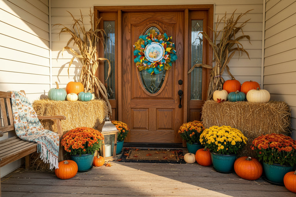 Handmade fall wreath featuring teal, yellow, and orange mesh with a pumpkin sign, perfect for unique autumn front door decor.