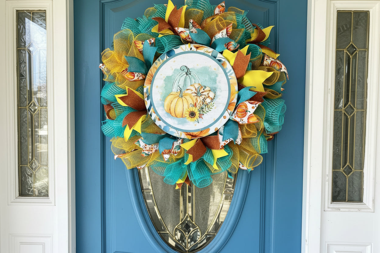 Handmade fall wreath featuring teal, yellow, and orange mesh with a pumpkin sign, perfect for unique autumn front door decor.