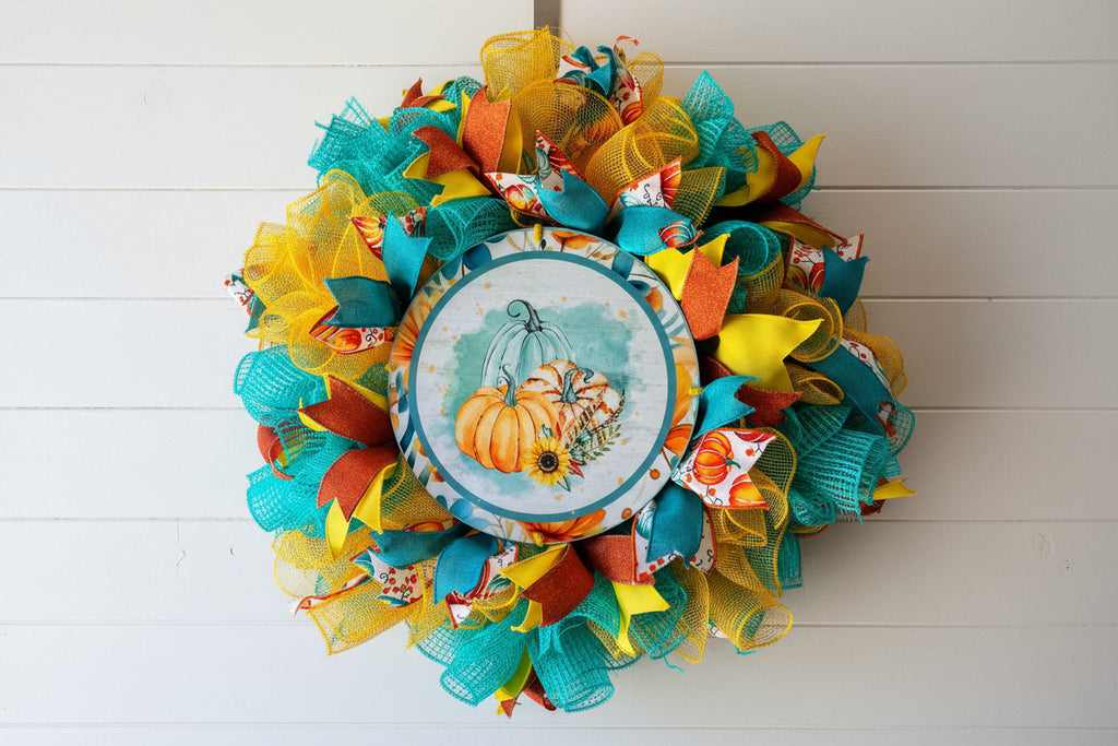 Handmade fall wreath featuring teal, yellow, and orange mesh with a pumpkin sign, perfect for unique autumn front door decor.