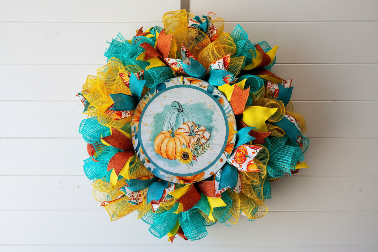 Handmade fall wreath featuring teal, yellow, and orange mesh with a pumpkin sign, perfect for unique autumn front door decor.