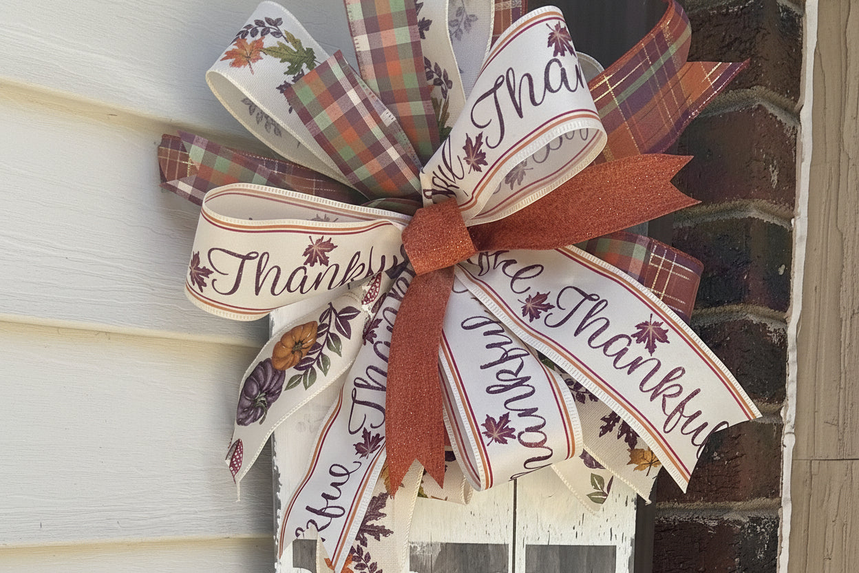 Handmade decorative bow with 'Thankful' text on a door leaner.