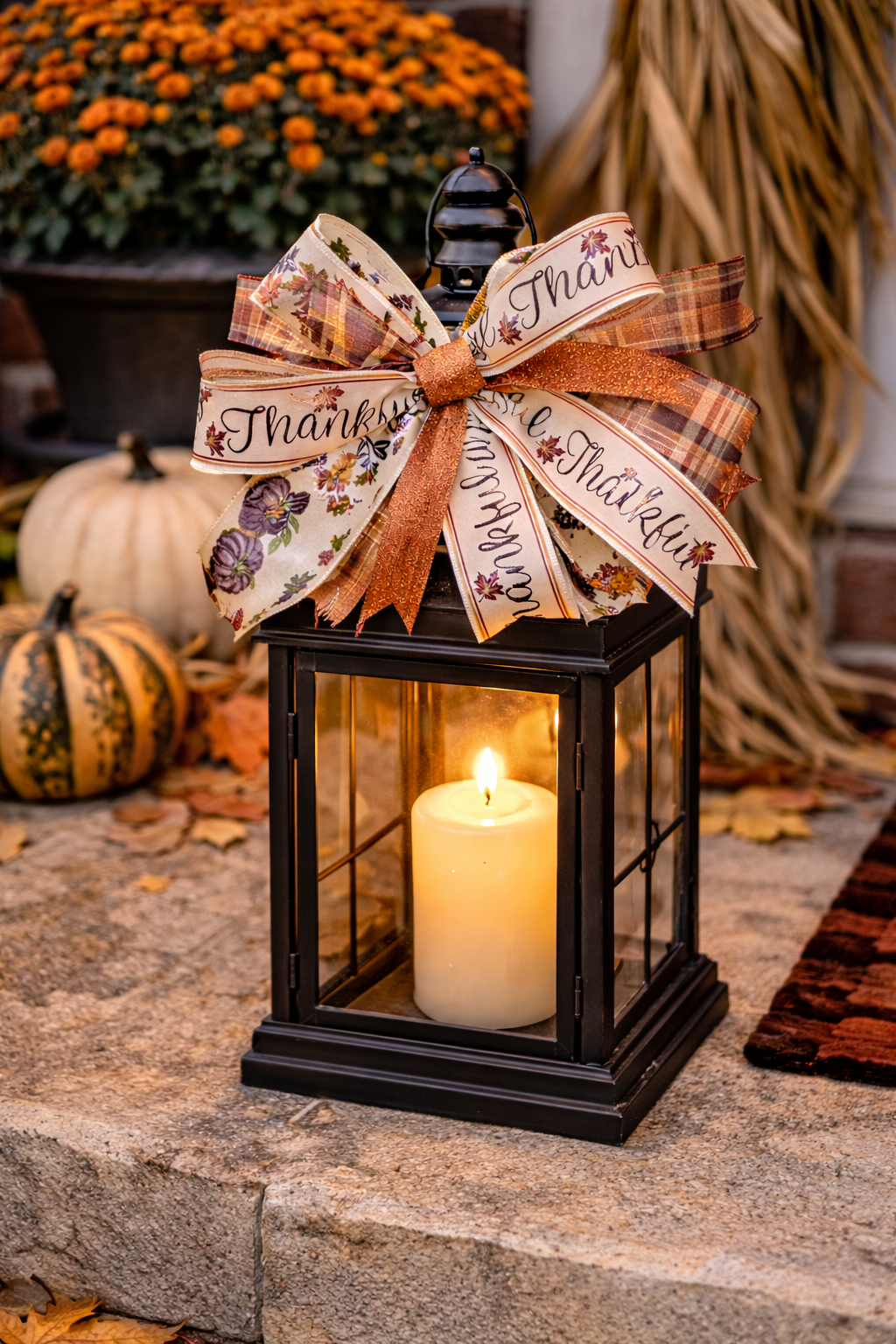 AI generated photo of decorative lantern with a lit candle and Thankful bow, surrounded by pumpkins and fall foliage. 