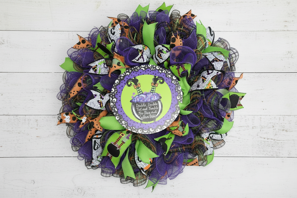 Colorful Halloween-themed wreath with purple, green, and orange decorations on a white tiled wall.